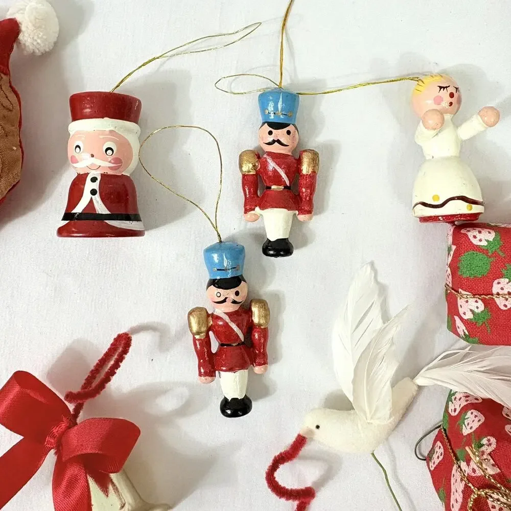 Vintage Mixed Lot Small Wooden Silk Christmas Tree Holiday Ornaments